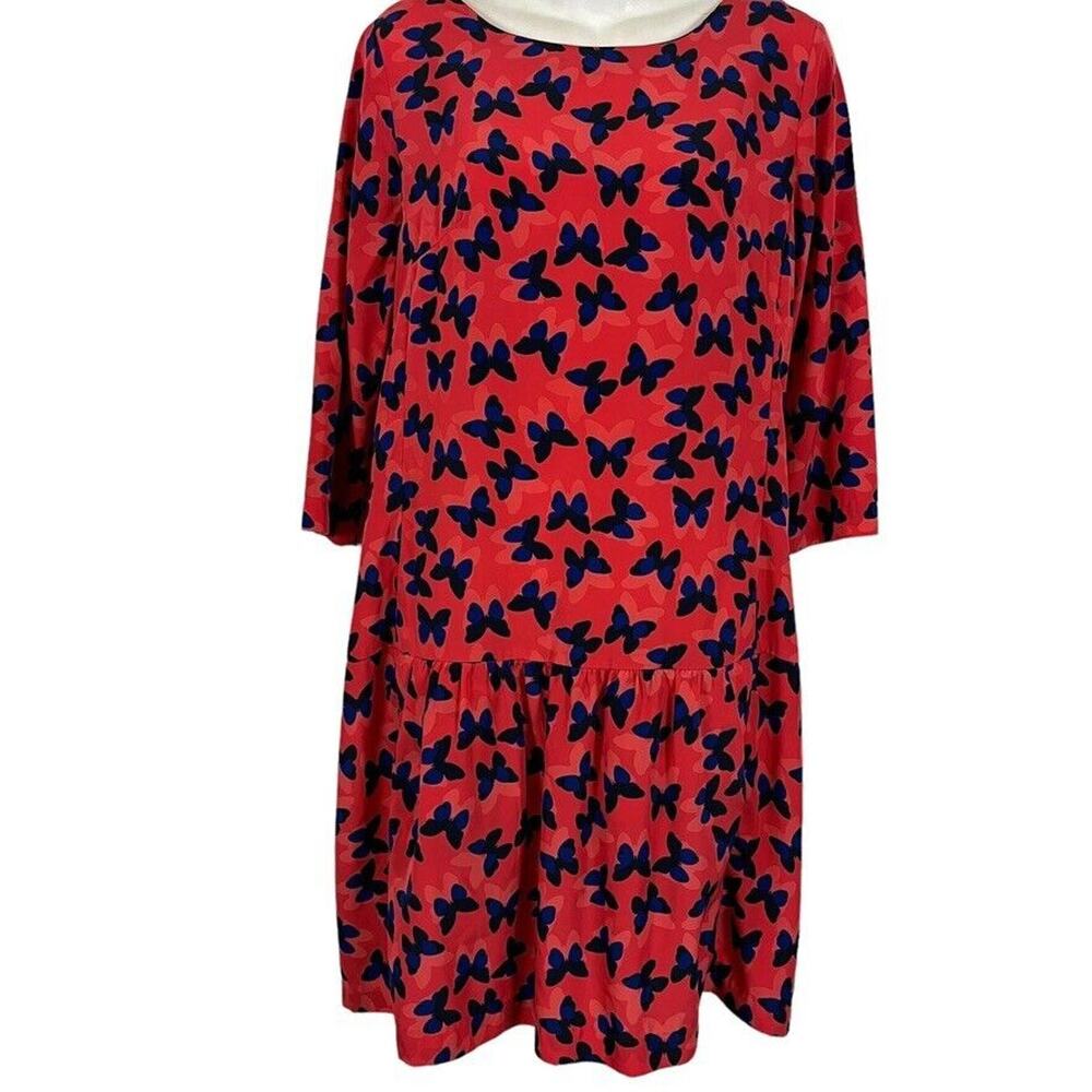 Gap Womens Coral Pink Blue Butterfly Print 3/4 Sleeve Drop Waist Dress sz 6 Tall